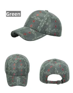Detailed views of green baseball cap with cracked texture and red star patterns
