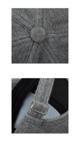 Macro detail of gray faux mink baseball cap showing top button and adjustable strap