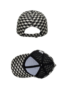 Detailed view of the 3D cube print, adjustable metal buckle and inner structure of the cap
