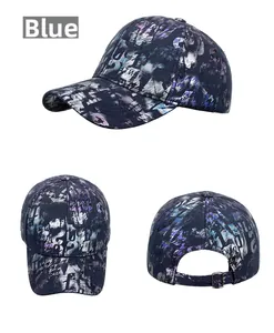 Detailed multi-angle views of blue graffiti pattern baseball cap with adjustable metal buckle