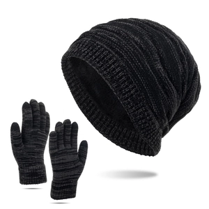 Men's winter knit beanie and gloves set in charcoal grey with warm fleece lining