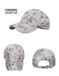 Three-view close-up of beige baseball cap featuring colorful graffiti patterns and metal buckle