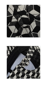 Detail of winter thick knitted baseball cap featuring black and white geometric patterns