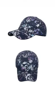 Detail view of a classic baseball cap featuring purple and blue laser graffiti patterns