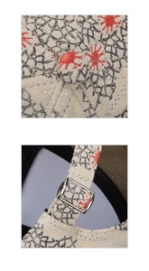 Detail view of cotton canvas baseball cap with mesh pattern and adjustable metal buckle strap