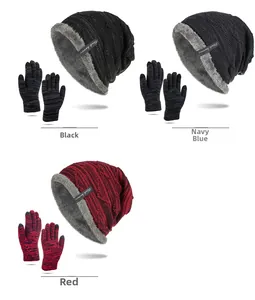 Close-up of knit winter beanie and touchscreen gloves with warm fleece inner lining