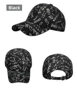 Three-way view of black graffiti baseball cap showing city names and metal back buckle