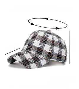 Detail of plaid wool baseball cap showing thick texture and head circumference measurements