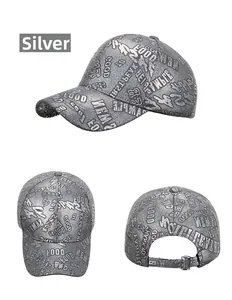 Detail view of silver metallic baseball cap featuring all-over graffiti letter prints