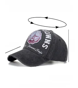 Detailed size specifications for a dark gray washed cotton vintage baseball cap with embroidery