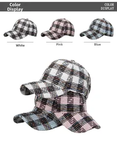 Detailed color display of plaid tweed baseball caps in white, pink, and blue options