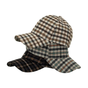 Thick winter plaid baseball caps in brown and grey wool fabric, set of three styles