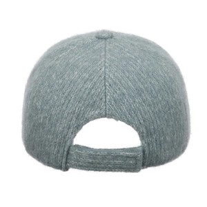Gray blue fuzzy knit baseball cap with silver lurex thread and back adjustable strap
