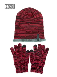 Close-up of red and black striped knit beanie with fleece lining and touchscreen gloves