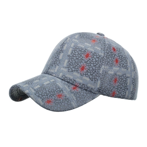 Gray-blue baseball cap with black mesh pattern and red star graphics in 45-degree view