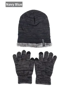 Navy blue winter knit beanie and gloves set with warm fleece lining and touch-screen tips