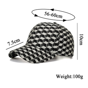 Thick winter baseball cap with 3D cube pattern and adjustable size measurements