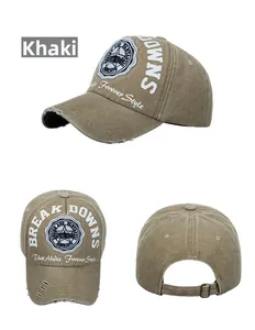 Detailed views of washed cotton khaki baseball cap with vintage distressed letter patches