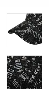 Detailed macro view of black baseball cap material with silver glitter and graffiti print