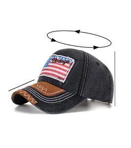 Detailed view of vintage washed cotton baseball cap with American flag patch and size markings