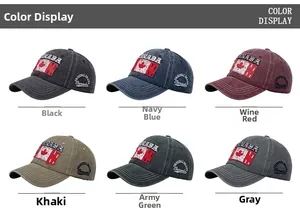 Detailed grid view of six vintage washed cotton baseball caps with Canada maple leaf patch