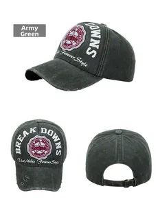 Detailed three-way view of washed army green cotton baseball cap with patch embroidery