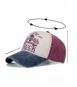 Detail view of washed vintage truck print baseball cap with contrast distressed brim