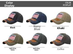 Collage of vintage washed cotton baseball caps with American flag patch in six colors