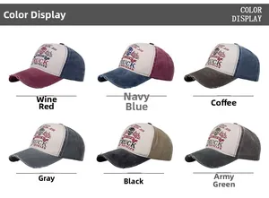 Six colors of vintage washed truck print baseball caps shown in a grid display