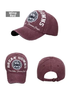 Detailed views of washed cotton baseball cap in wine red with vintage distressed finish