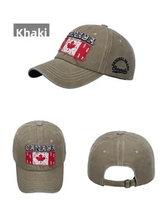 Detail view of khaki washed cotton baseball cap with Canada maple leaf embroidery