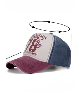 Detail view of tri-color vintage baseball cap with California 78 print and distressed brim