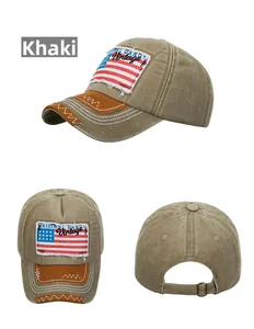 Detail of vintage khaki cotton baseball cap with American flag patch and wavy contrast stitching