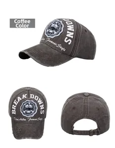 Detailed views of the coffee baseball cap showing vintage wash and embroidery details
