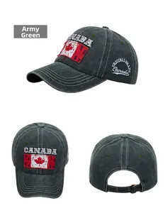 Close-up of military green washed cotton baseball cap with Canada maple leaf embroidery