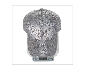 Close-up of lightweight silver baseball cap with laser letter print weighing 85.8g
