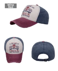Detailed views of vintage washed tricolor baseball cap with truck graphics and distressed brim