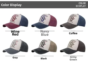 Detailed color selection showing vintage washed cotton baseball caps with California prints