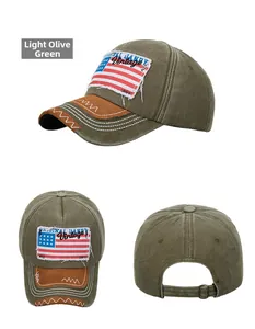 Detail view of washed cotton baseball cap with US flag patch and vintage stitching