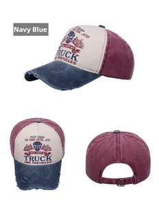 Three-angle view of vintage washed baseball cap with navy blue brim and truck graphic