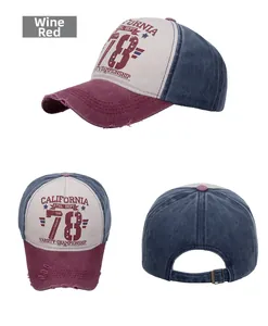 Three-way view of distressed burgundy and denim blue baseball cap with California 78 print