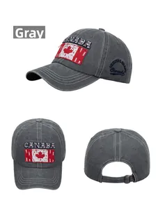 Three-view display of gray washed cotton baseball cap with Canada maple leaf embroidery