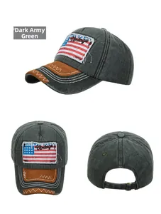 Three-angle views of a vintage army green washed baseball cap with American flag patch detail