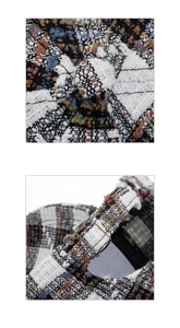 Detailed view of multicolor plaid tweed fabric texture and adjustable metal buckle