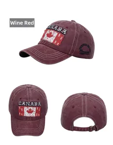 Three-way view of washed cotton wine red baseball cap with Canada maple leaf embroidery