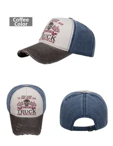 Detailed views of washed tri-color trucker hat with vintage truck print and distressed brim