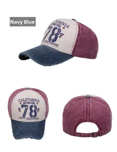 Detailed views of vintage navy blue baseball cap with California 78 print and distressed brim