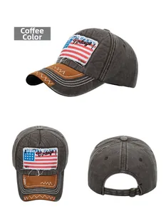 Detail of vintage coffee baseball cap featuring USA flag patch and wavy white stitching