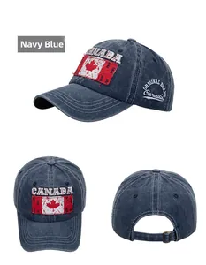 Detailed views of navy Canada baseball cap with embroidery and metal buckle closure