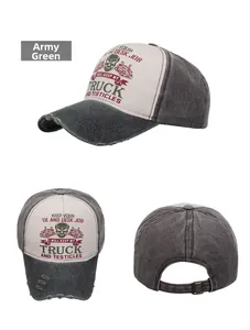 Army Green washed cotton baseball cap with vintage truck graphic in multiple views
